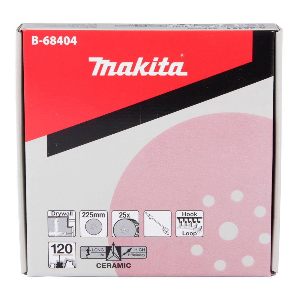 MAKITA Hiomapyörö 225mm K120, 25kpl (Vakiona: 1kpl DSL800). Kuvassa hiomopyöröarkkipakkaus edestäpäin.