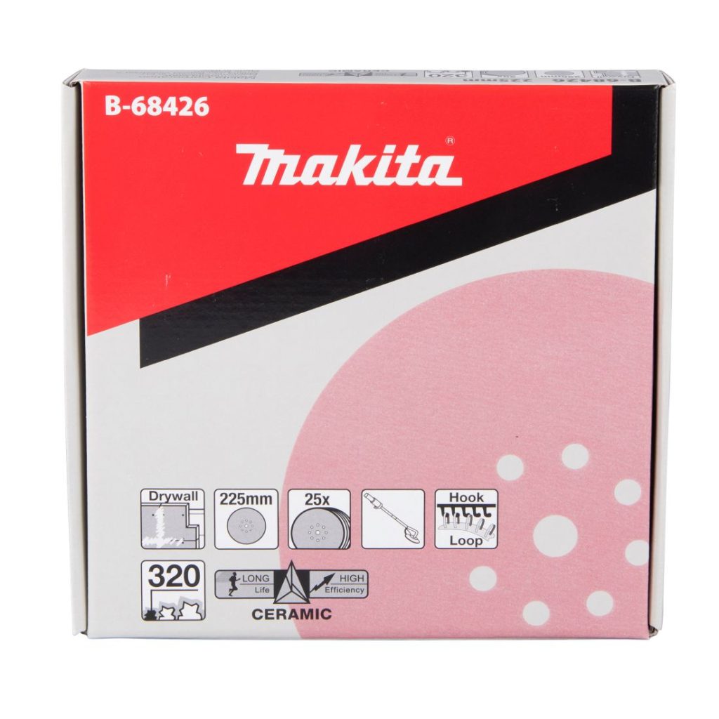 MAKITA Hiomapyörö 225mm K320, 25kpl. Kuvassa hiomopyöröarkkipakkaus edestäpäin.