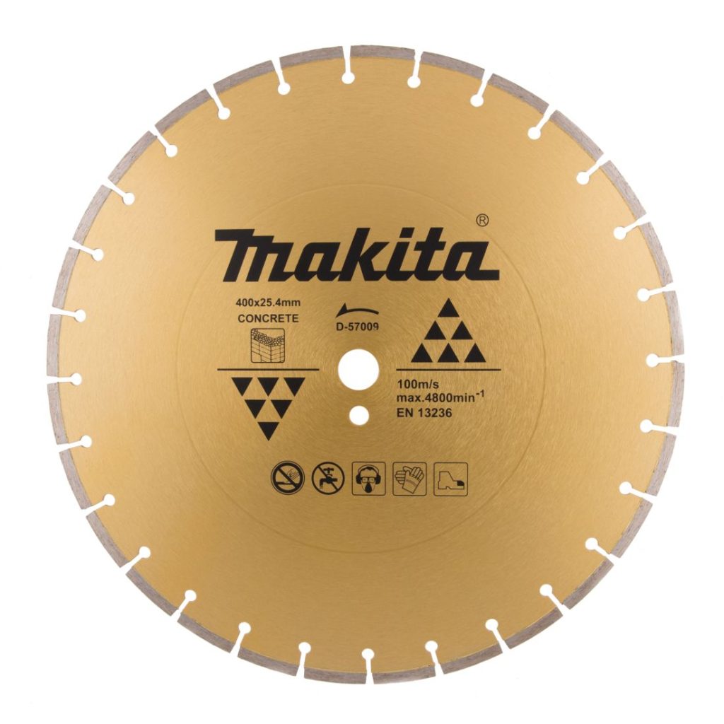 MAKITA Timanttikatkaisulaikka betonille, 400 x 25,4 x 7,5 mm. Kuvassa timanttikatkaisulaikka edestäpäin.