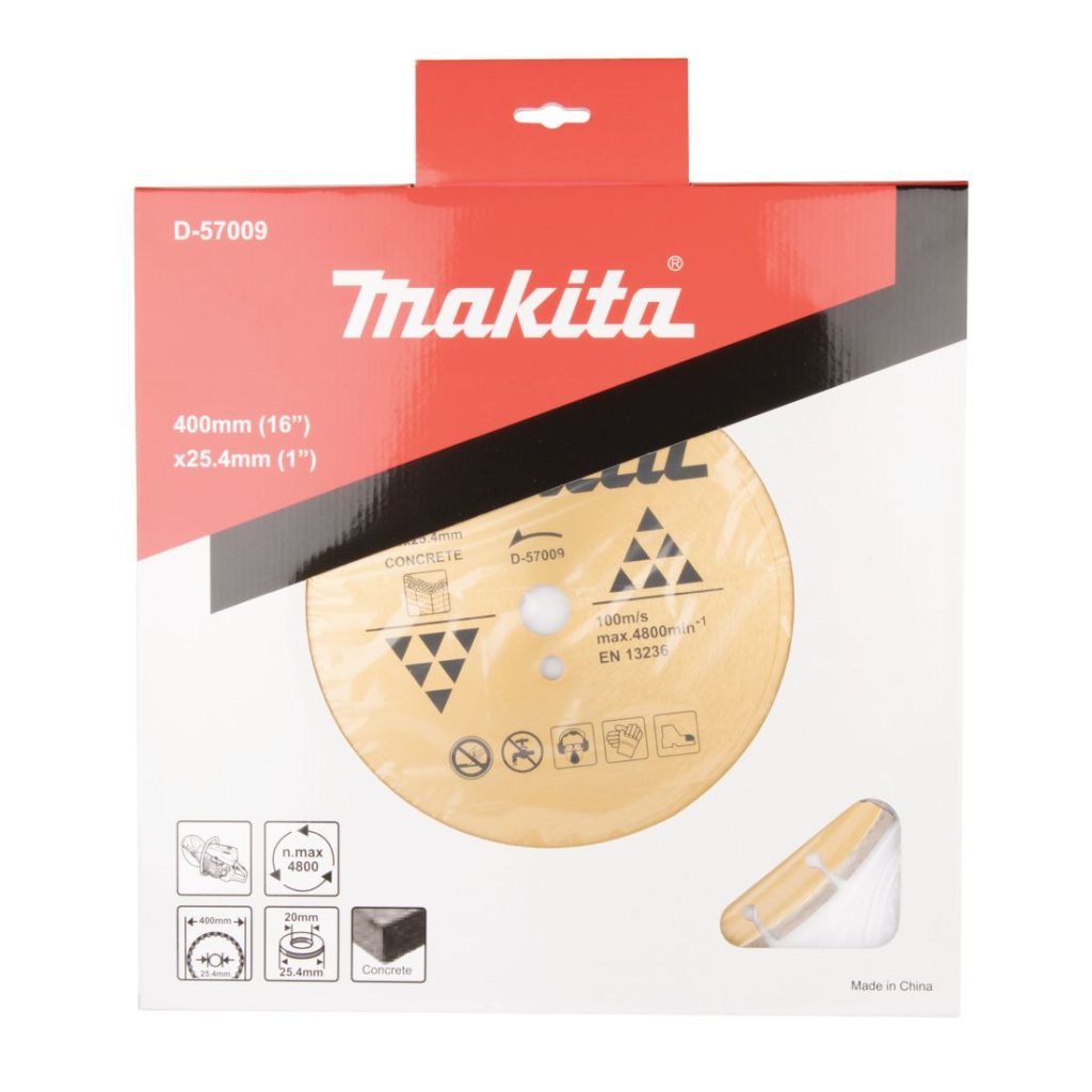 MAKITA Timanttikatkaisulaikka betonille, 400 x 25,4 x 7,5 mm. Kuvassa timanttikatkaisulaikkapakkaus edestäpäin.
