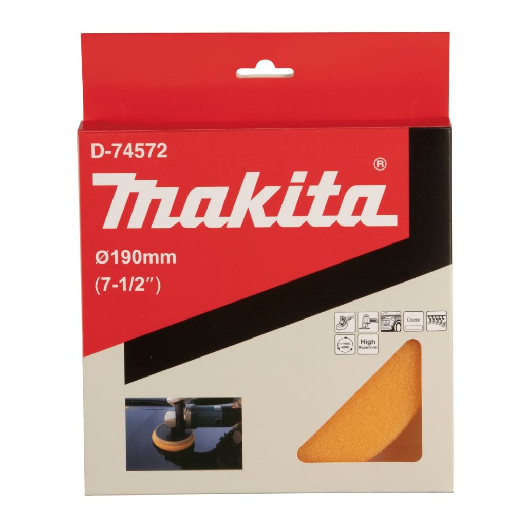 MAKITA Vaahtosieni 190 mm, tasainen, oranssi karkea ja pehmeä, koukkutarrakiinnitys. Kuvassa vaahtosienipakkaus edestäpäin.