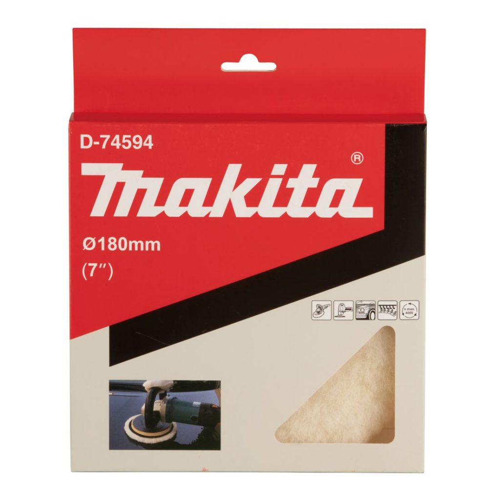 MAKITA Kiillotusmoppi 180 mm, villaa. Kuvassa kiillotusmoppipakkaus edestäpäin.