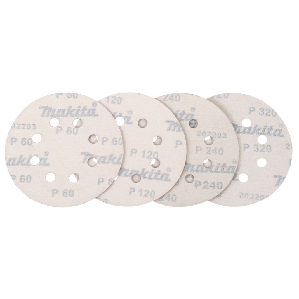 MAKITA Hiomapyörölajitelma 125 mm, 20 kpl. Kuvassa neljä hiomopyöröarkkia limittäin vierekkäin taustapuolelta.