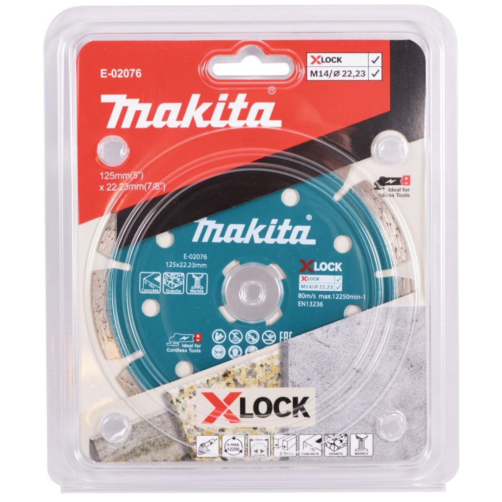 MAKITA Timanttikatkaisulaikka 125 mm, X-Lock, segmenttikorkeus 7 mm. Kuvassa timanttikatkaisulaikkapakkaus edestäpäin.