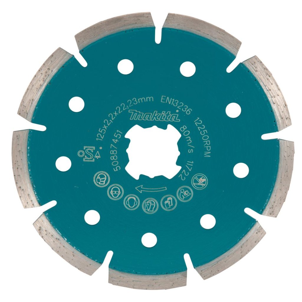 MAKITA Timanttikatkaisulaikka 125 mm, X-Lock, segmenttikorkeus 7 mm. Kuvassa timanttikatkaisulaikka takaapäin.