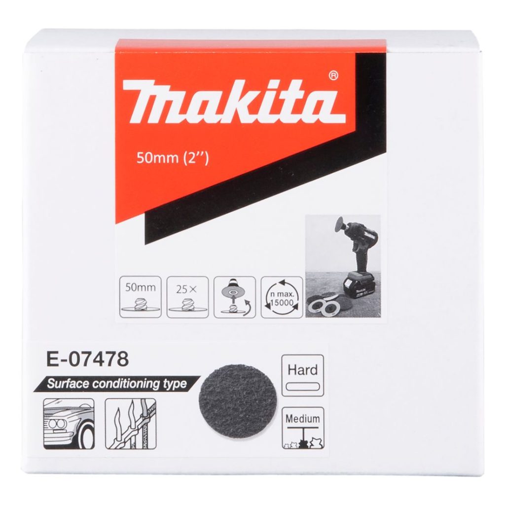 MAKITA Pintakäsittelylaikka 50 mm, kova, maalin poistoon, medium. Kuvassa pintakäsittelylaikkapakkaus edestäpäin.