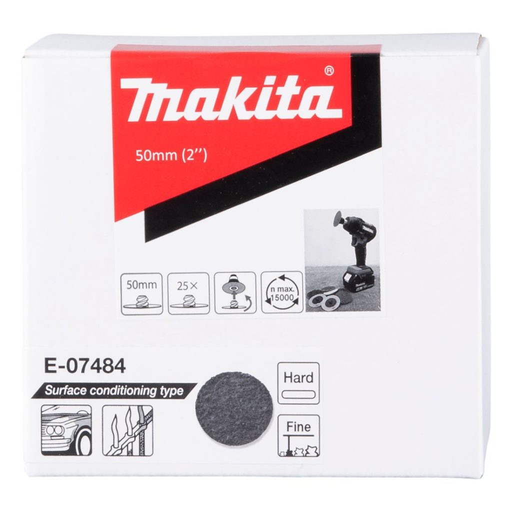 MAKITA Pintakäsittelylaikka 50 mm, kova, epäpuhtauksien poistoon, hieno. Kuvassa pintakäsittelylaikkapakkaus edestäpäin.