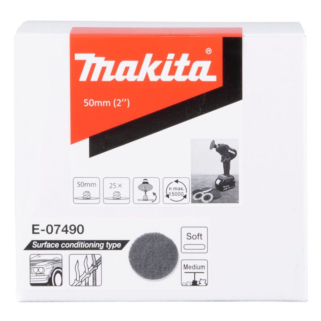 MAKITA Pintakäsittelylaikka 50 mm, pehmeä, epäpuhtauksien poistoon, medium. Kuvassa pintakäsittelylaikkapakkaus edestäpäin.
