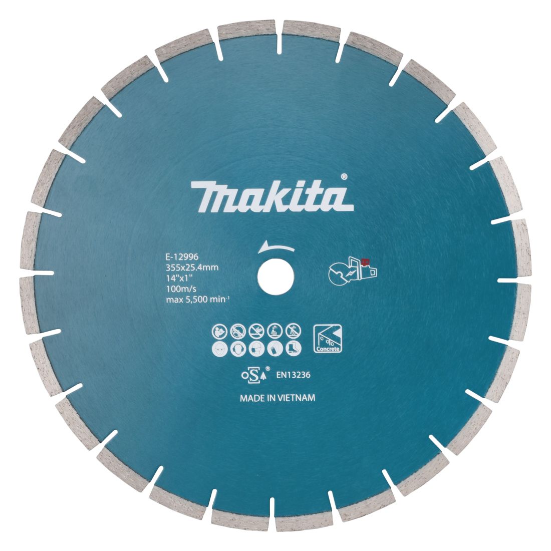 MAKITA Timanttikatkaisulaikka 355x25,4/20 mm, segmenttikorkeus 8 mm. Kuvassa timanttikatkaisulaikka edestäpäin.