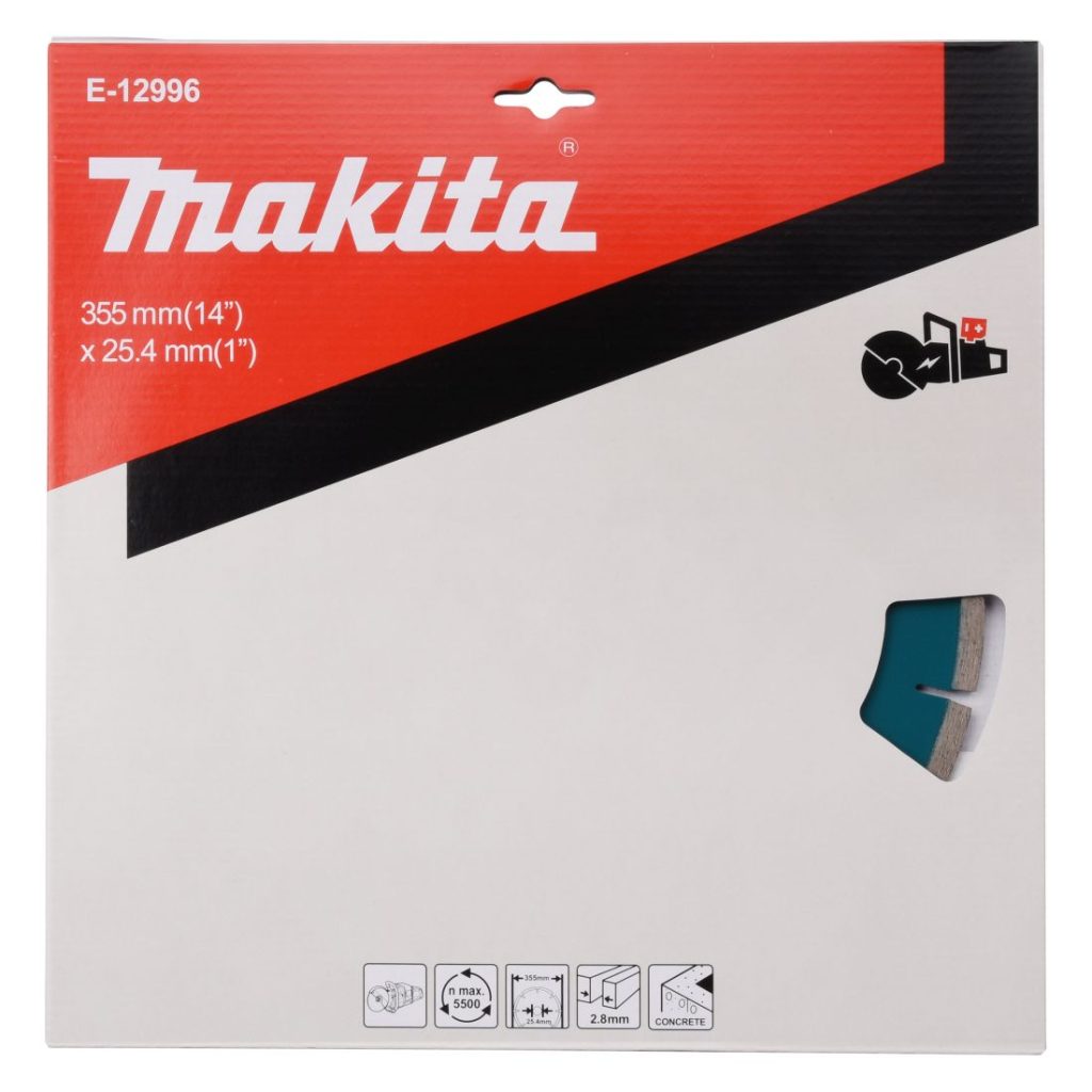 MAKITA Timanttikatkaisulaikka 355x25,4/20 mm, segmenttikorkeus 8 mm. Kuvassa timanttikatkaisulaikkapakkaus edestäpäin.