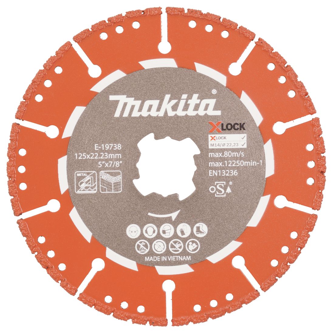 MAKITA Timanttikatkaisulaikka 125 mm X-LOCK Rescue. Kuvassa timanttikatkaisulaikka edestäpäin.