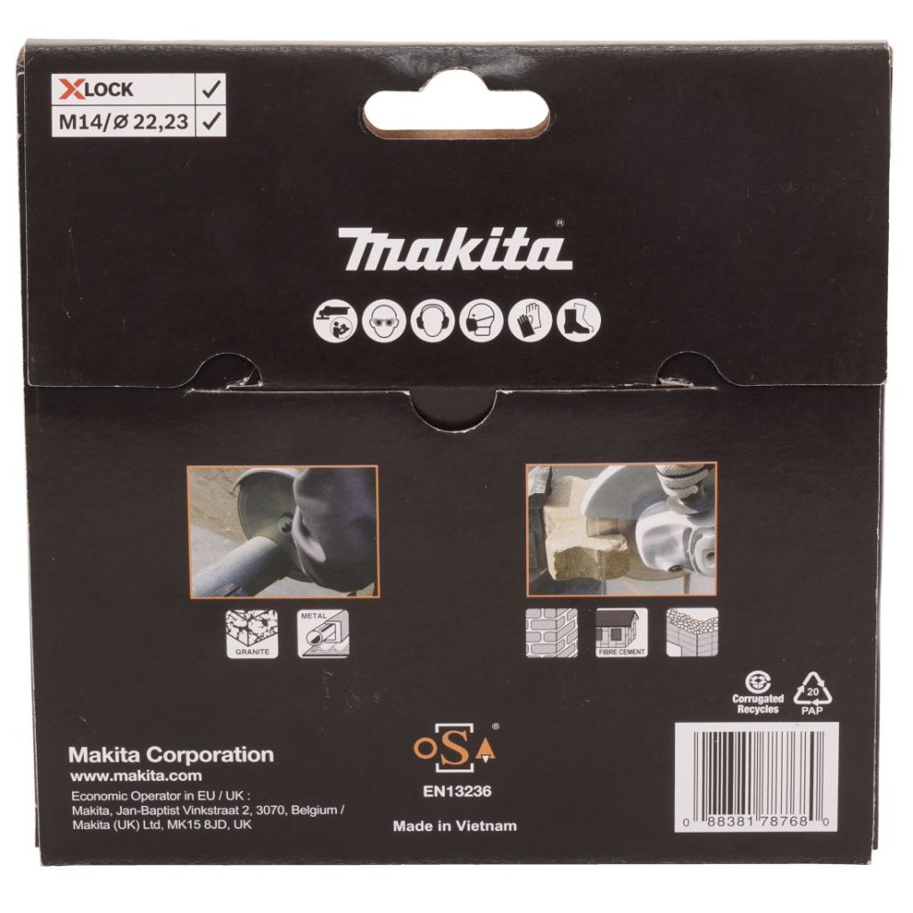 MAKITA Timanttikatkaisulaikka 125 mm X-LOCK Rescue. Kuvassa timanttikatkaisulaikkapakkaus takaapäin.