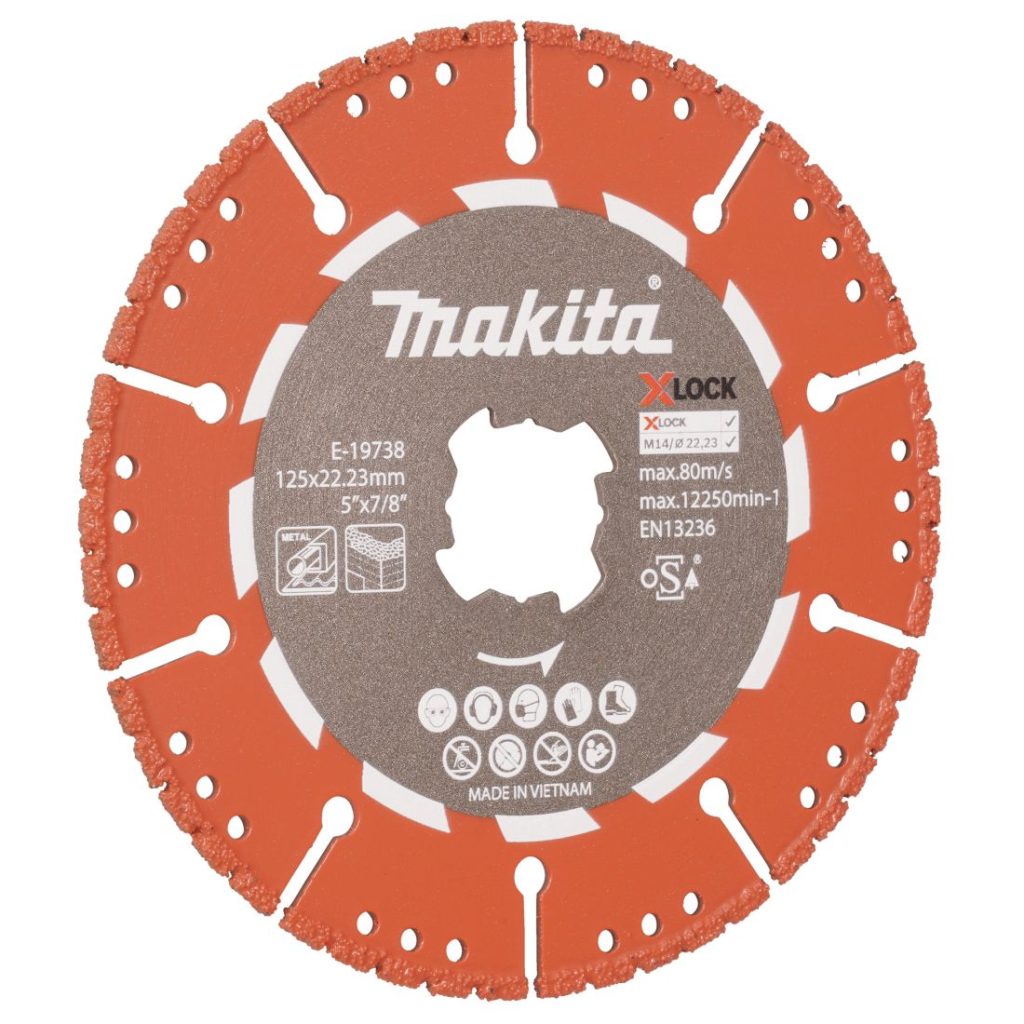 MAKITA Timanttikatkaisulaikka 125 mm X-LOCK Rescue. Kuvassa timanttikatkaisulaikka etuviistosta.