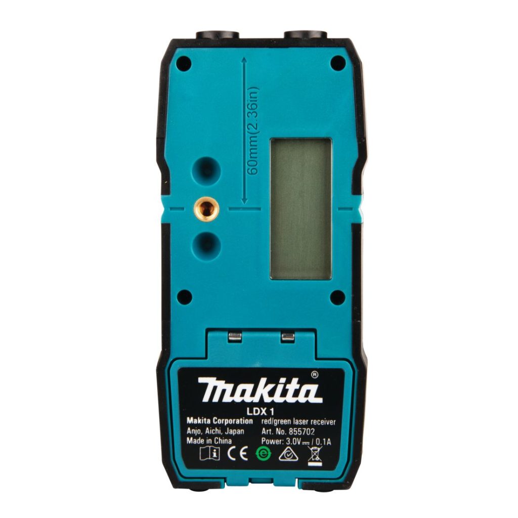 MAKITA Vastaanotin viivalasereille, punainen ja vihreä. Sisältää pitimen. Kuvassa vastaanotin takaapäin.