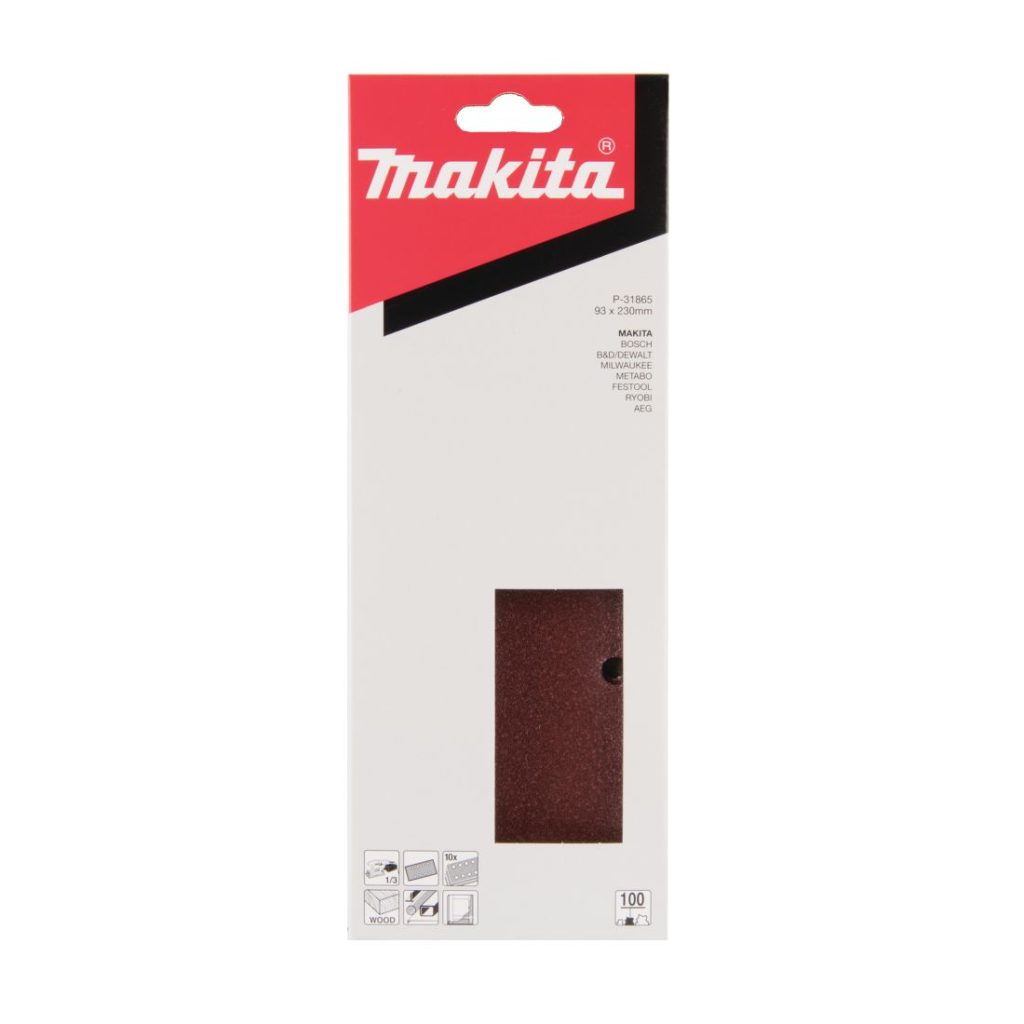 MAKITA Hiomapaperi 93 x 230 K100, 10 kpl. Kuvassa hiomapaperipakkaus edestäpäin.