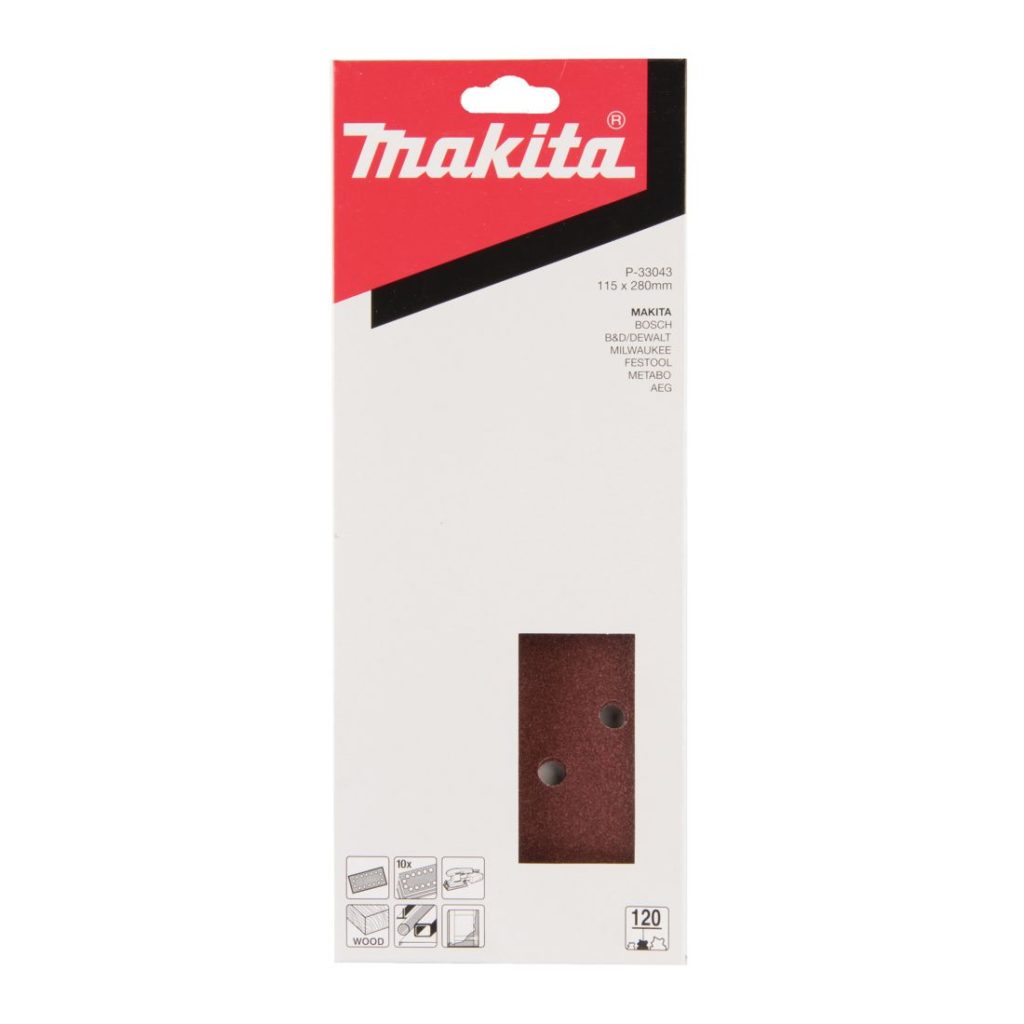 MAKITA Hiomapaperi 115 x 280 K120, 10 kpl. Kuvassa hiomapaperipakkaus edestäpäin.