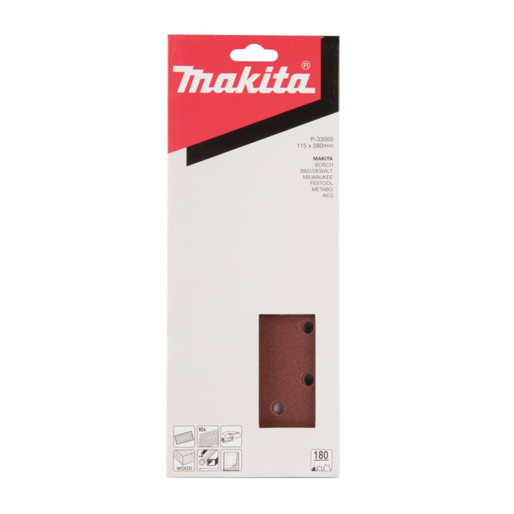 MAKITA Hiomapaperi 115 x 280 K150, 10 kpl. Kuvassa hiomapaperipakkaus edestäpäin.