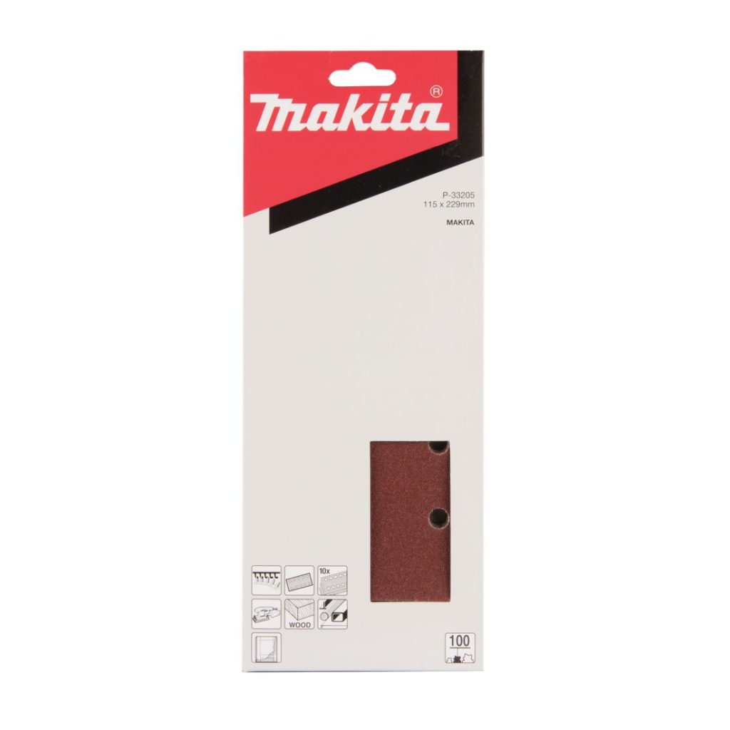 MAKITA Hiomapaperi tarrakiinnitys 115 x 229 K100, 10 kpl. Kuvassa hiomapaperipakkaus edestäpäin.