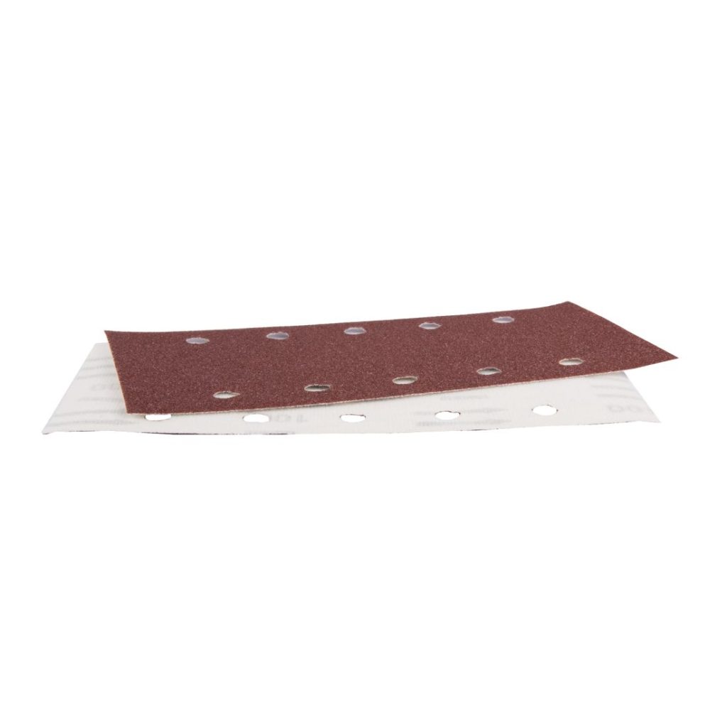 MAKITA Hiomapaperi tarrakiinnitys 115 x 229 K100, 10 kpl. Kuvassa kaksi hiomapaperiarkkia päällekkäin yläviistosta.