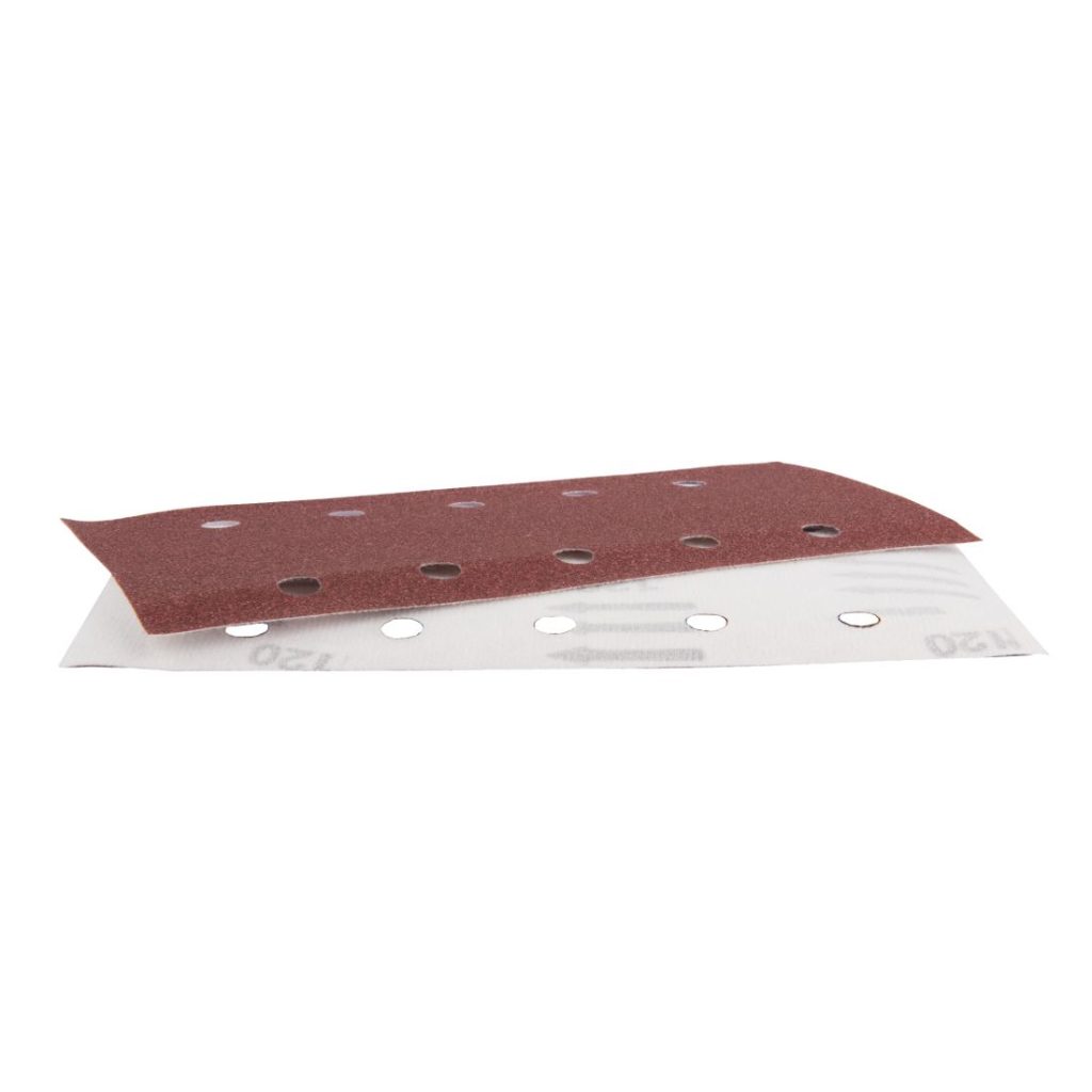 MAKITA Hiomapaperi tarrakiinnitys 115 x 229 K120, 10 kpl. Kuvassa kaksi hiomapaperiarkkia päällekkäin yläviistosta.