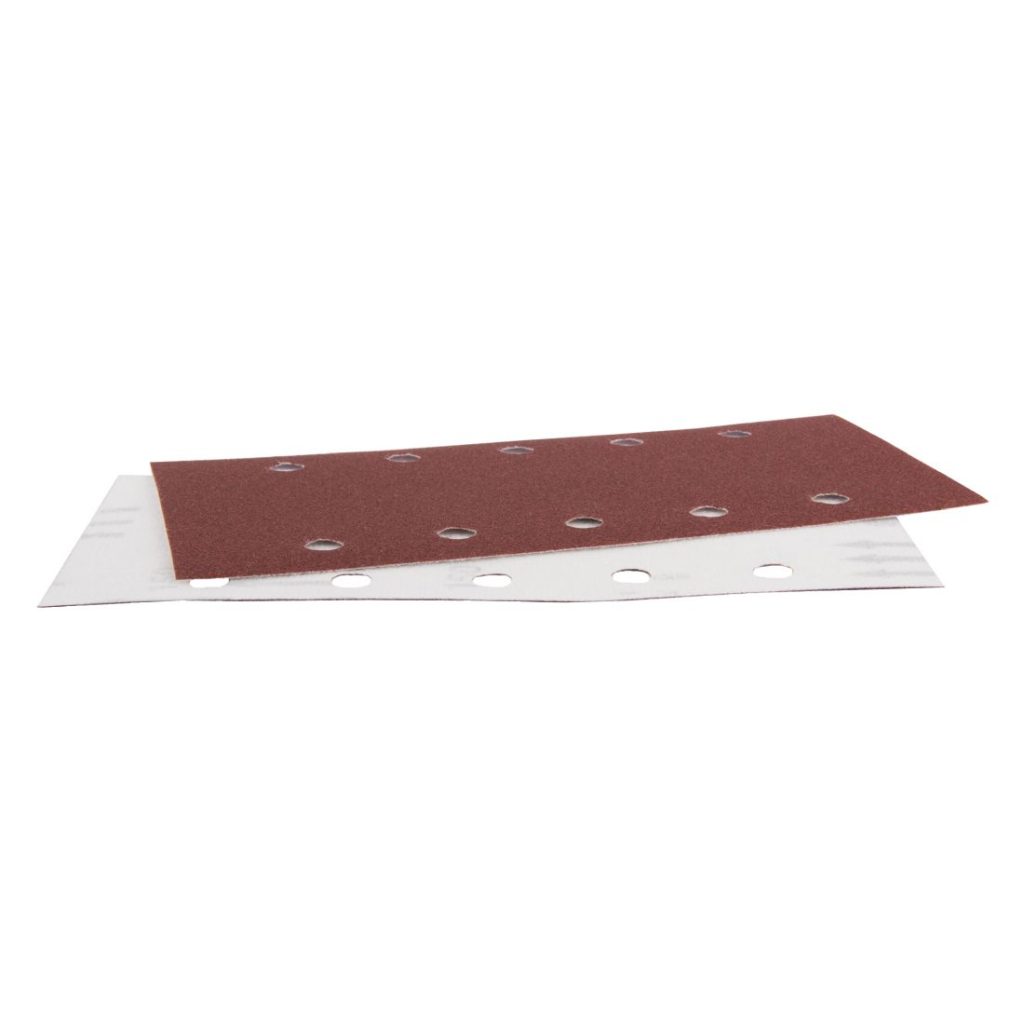 MAKITA Hiomapaperi tarrakiinnitys 115 x 229 K150, 10 kpl. Kuvassa kaksi hiomapaperiarkkia päällekkäin yläviistosta.