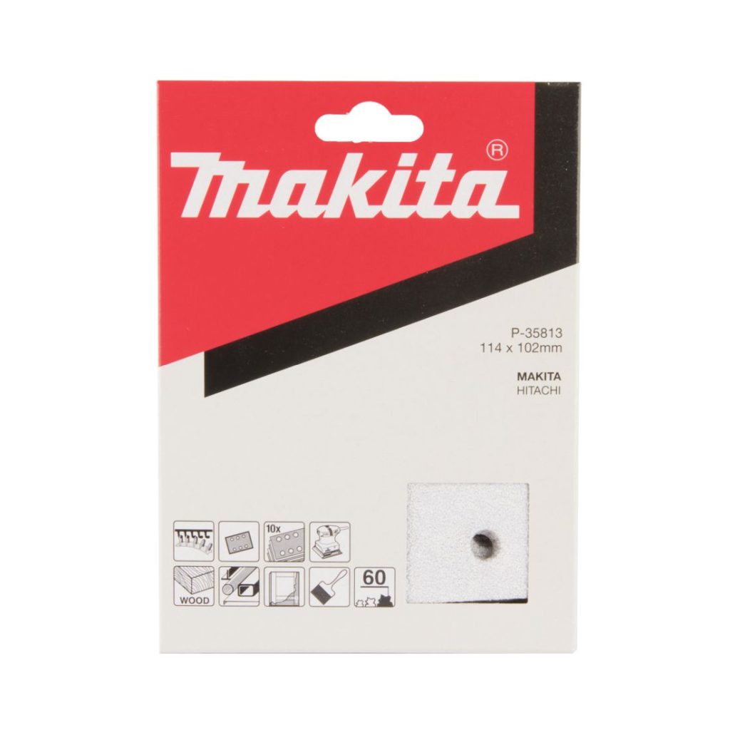 MAKITA Hiomapaperi tarrakiinnitys 114 x 102 K60, 10 kpl. Kuvassa hiomapaperipakkaus edestäpäin.