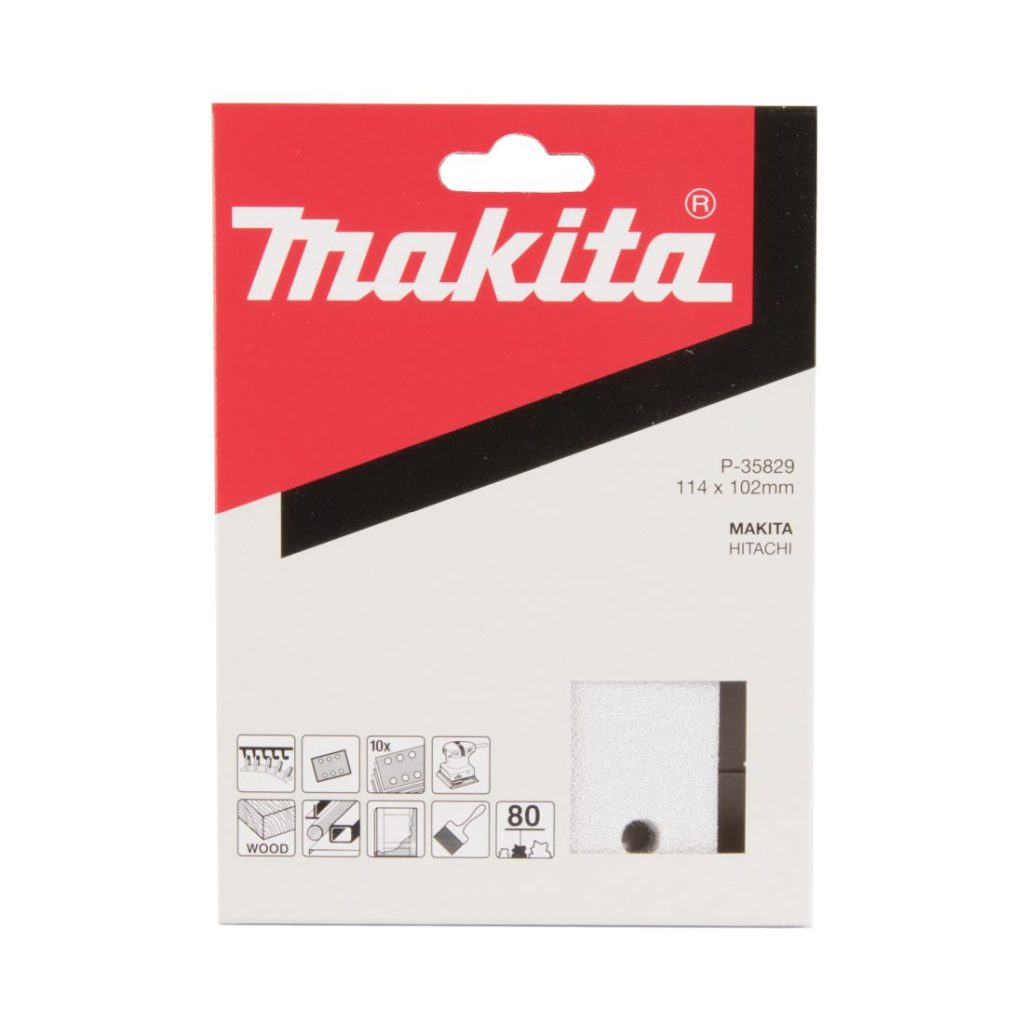 MAKITA Hiomapaperi tarrakiinnitys 114 x 102 K80, 10 kpl. Kuvassa hiomapaperipakkaus edestäpäin.