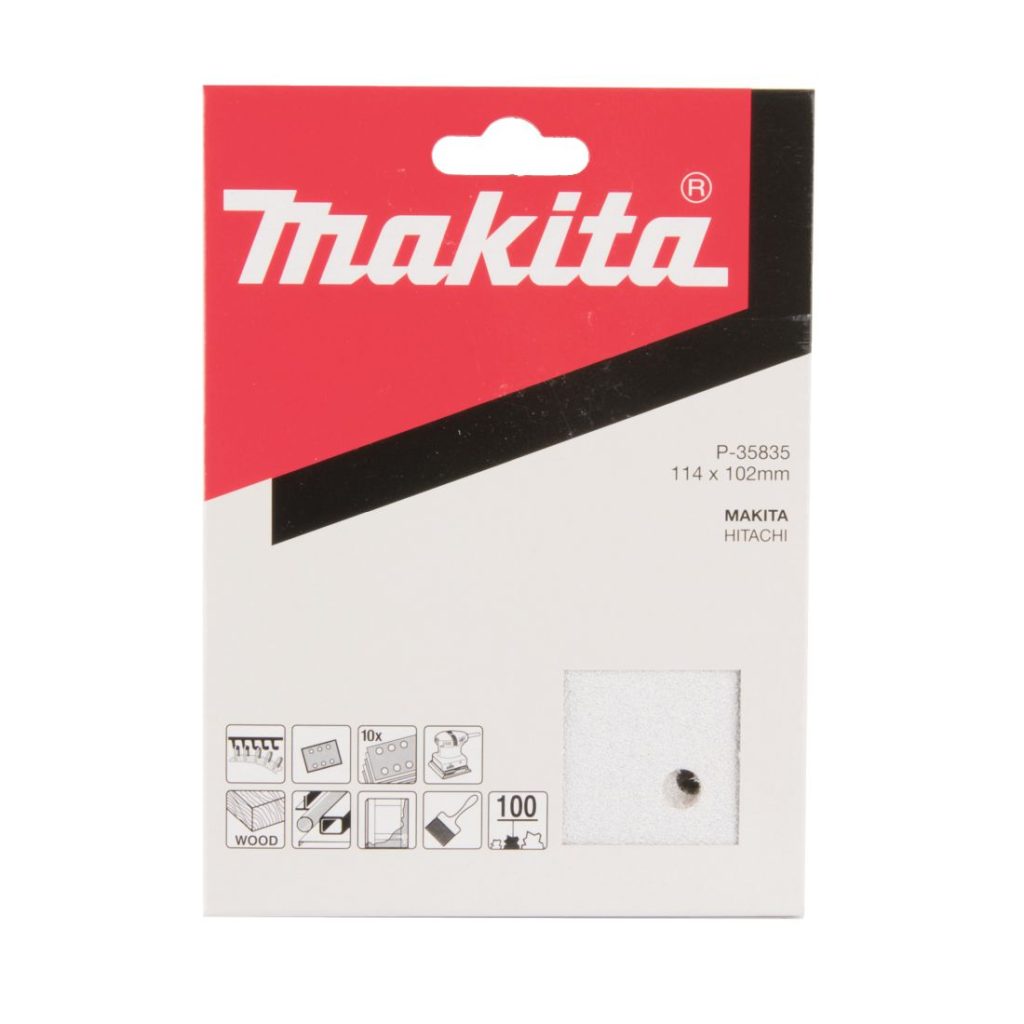 MAKITA Hiomapaperi tarrakiinnitys 114 x 102 K100, 10 kpl. Kuvassa hiomapaperipakkaus edestäpäin.