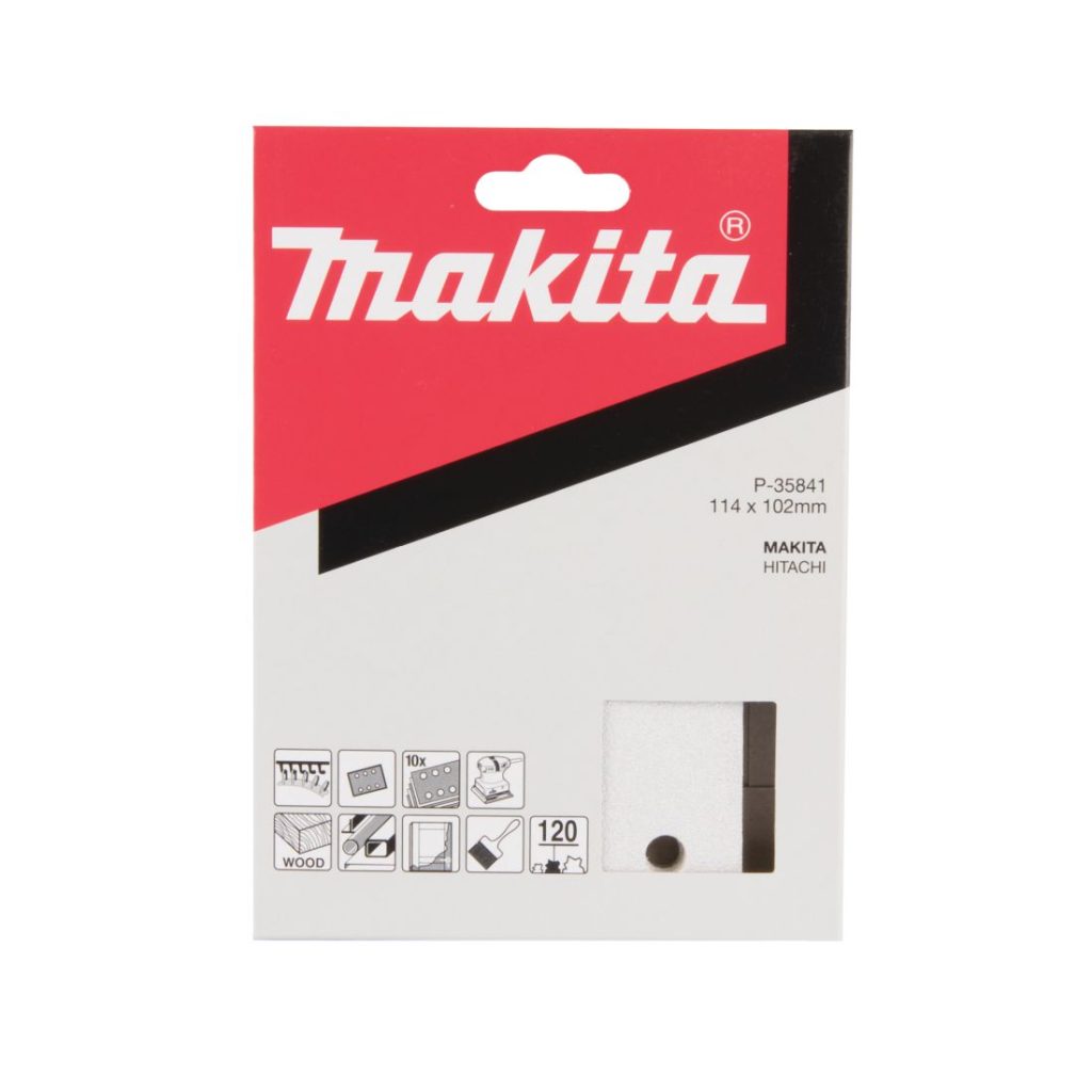 MAKITA Hiomapaperi tarrakiinnitys 114 x 102 K120, 10 kpl. Kuvassa hiomapaperipakkaus edestäpäin.
