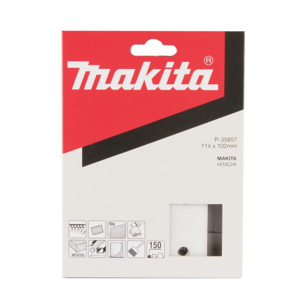 MAKITA Hiomapaperi tarrakiinnitys 114 x 102 K150, 10 kpl. Kuvassa hiomapaperipakkaus edestäpäin.