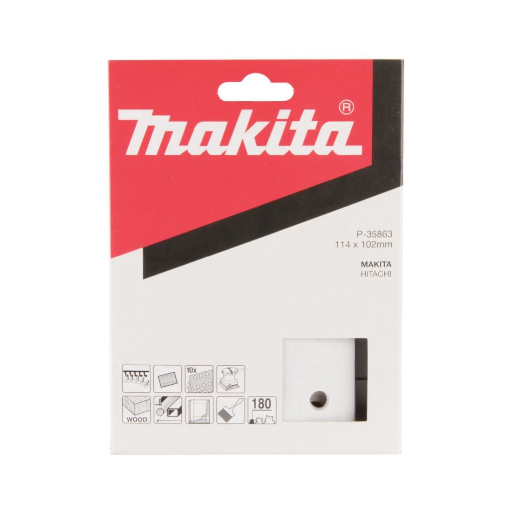 MAKITA Hiomapaperi tarrakiinnitys 114 x 102 K180, 10 kpl. Kuvassa hiomapaperipakkaus edestäpäin.