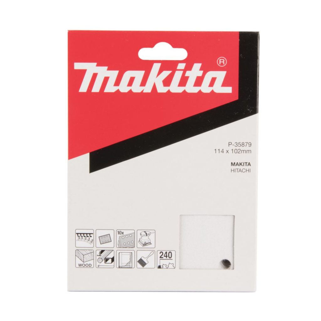 MAKITA Hiomapaperi tarrakiinnitys 114 x 102 K240, 10 kpl. Kuvassa hiomapaperipakkaus edestäpäin.