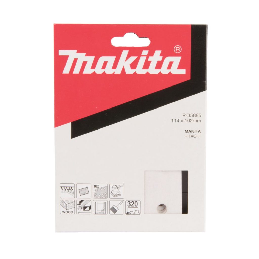 MAKITA Hiomapaperi tarrakiinnitys 114 x 102 K320, 10 kpl. Kuvassa hiomapaperipakkaus edestäpäin.