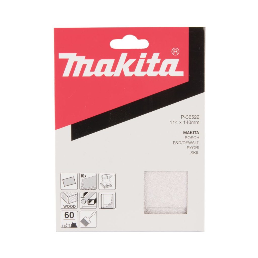 MAKITA Hiomapaperi 114 x 140 K60, 10 kpl. Kuvassa hiomapaperipakkaus edestäpäin.