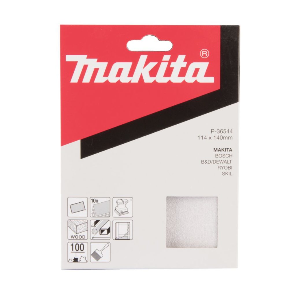 MAKITA Hiomapaperi 114 x 140 K100, 10 kpl. Kuvassa hiomapaperipakkaus edestäpäin.