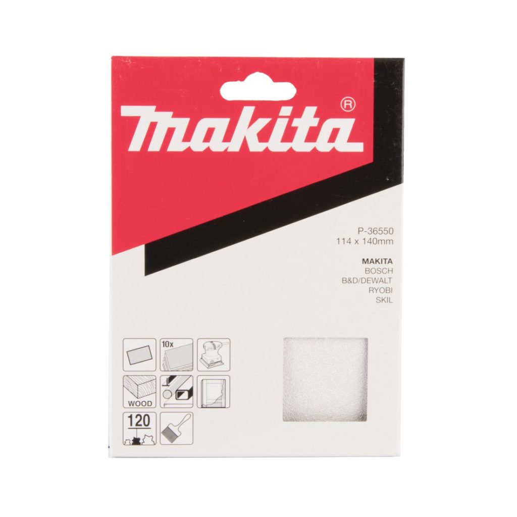 MAKITA Hiomapaperi 114 x 140 K120, 10 kpl. Kuvassa hiomapaperipakkaus edestäpäin.
