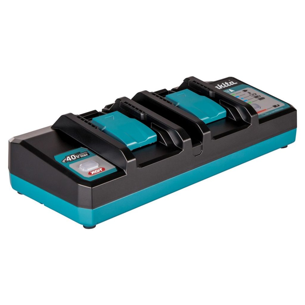 MAKITA Latauslaite DC40WA XGT . Kuvassa latauslaite vasemmalta etuviistosta.