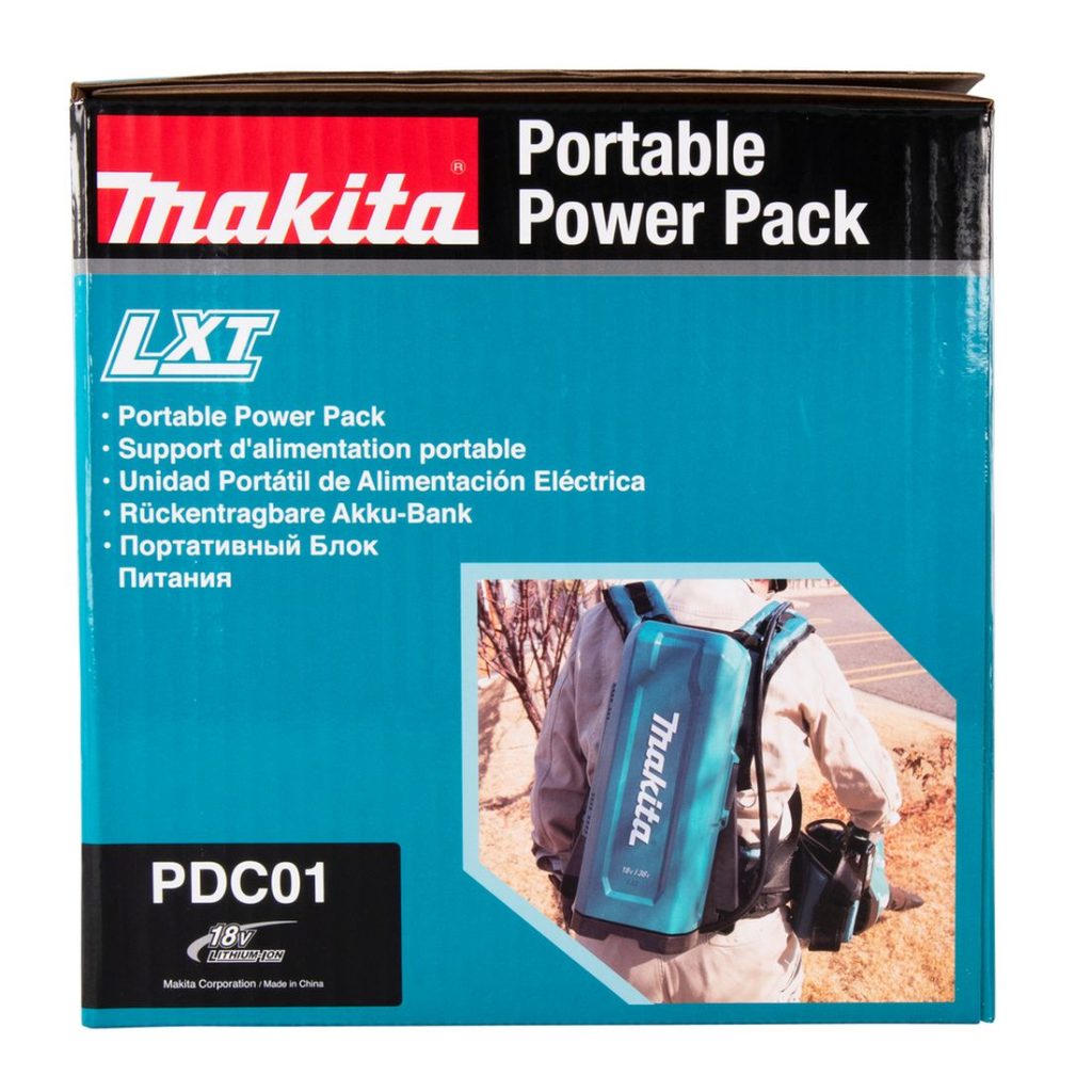MAKITA Kannettava akkutelakka LXT. Lähikuvassa akkutelakan tuotepakkaus sivustapäin.