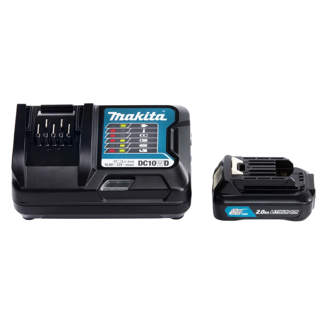 MAKITA PowerPack CXT 1x2,0Ah, DC10WA. Kuvassa latauslaite ja akku edestäpäin.