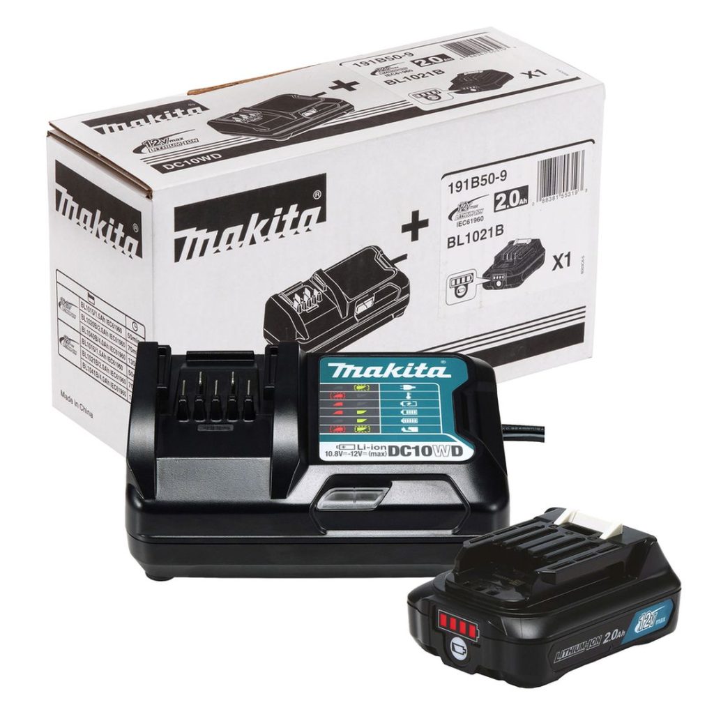 MAKITA PowerPack CXT 1x2,0Ah, DC10WA. Kuvassa latauslaite, akku, ja tuotepakkaus etuyläviistosta.