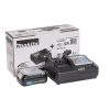 MAKITA PowerPack CXT 1x2,0Ah, DC10WA. Kuvassa latauslaite, akku, ja tuotepakkaus etuyläviistosta.