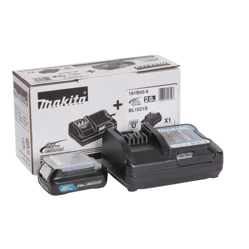 MAKITA PowerPack CXT 1x2,0Ah, DC10WA. Kuvassa latauslaite, akku, ja tuotepakkaus etuyläviistosta.