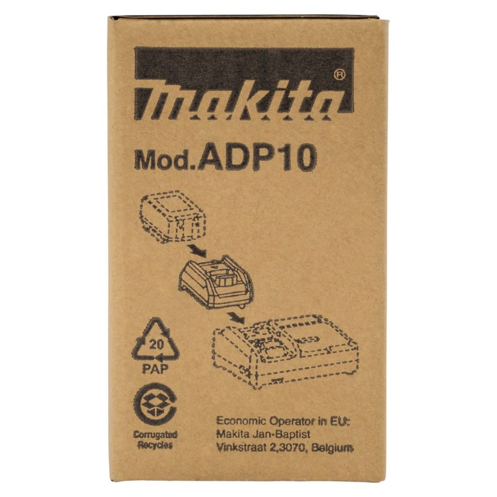 MAKITA Adapteri LXT akuille XGT ® laturiin, ADP10. Kuvassa tuotepakkaus oikealta sivustapäin.
