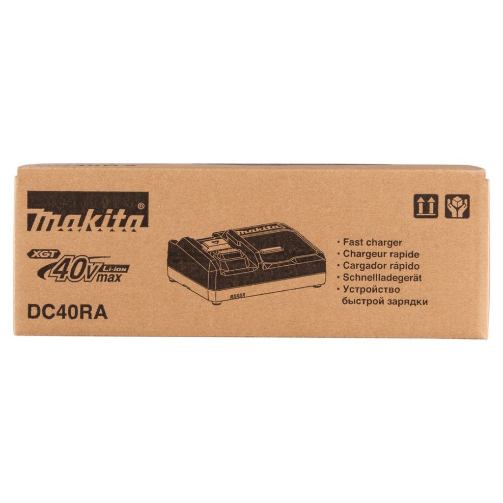 MAKITA Latauslaite DC40RA XGT. Kuvassa tuotepakkaus edestäpäin.