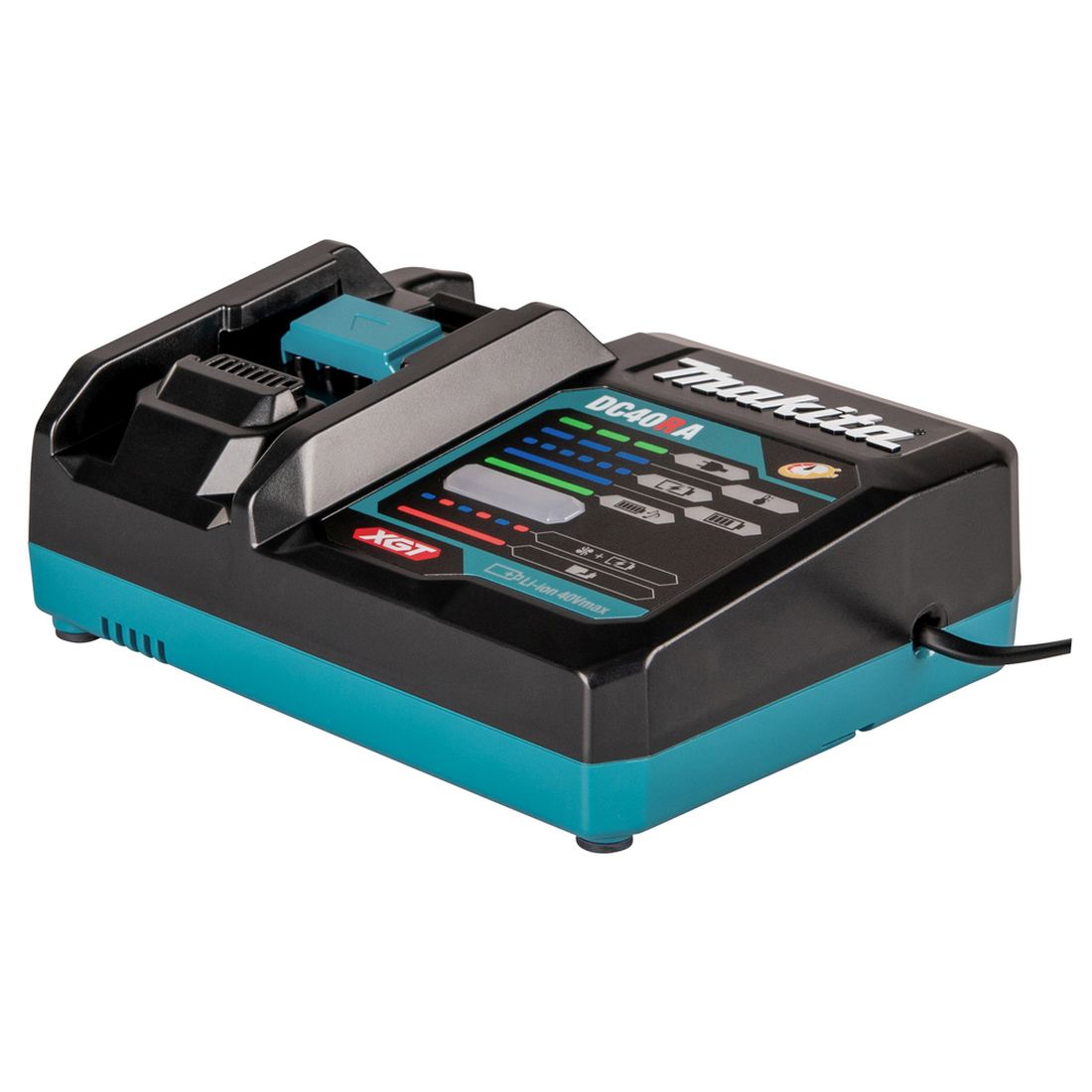 MAKITA Latauslaite DC40RA XGT. Kuvassa latauslaite oikealta etuviistosta.