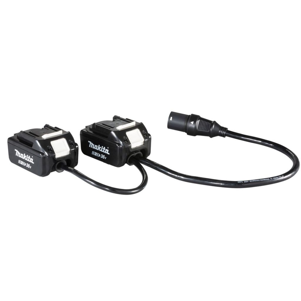 MAKITA Akkuadapteri 2x18V akulle. Kuvassa akkuadapteri vasemmalta etuviistosta.