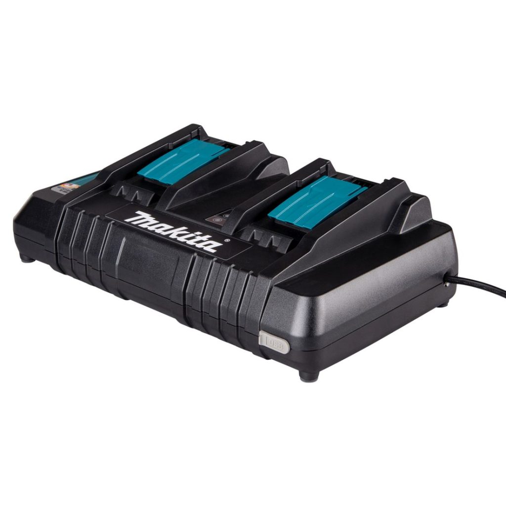 MAKITA Latauslaite DC18RD LXT. Kuvassa latauslaite oikealta etuviistosta.