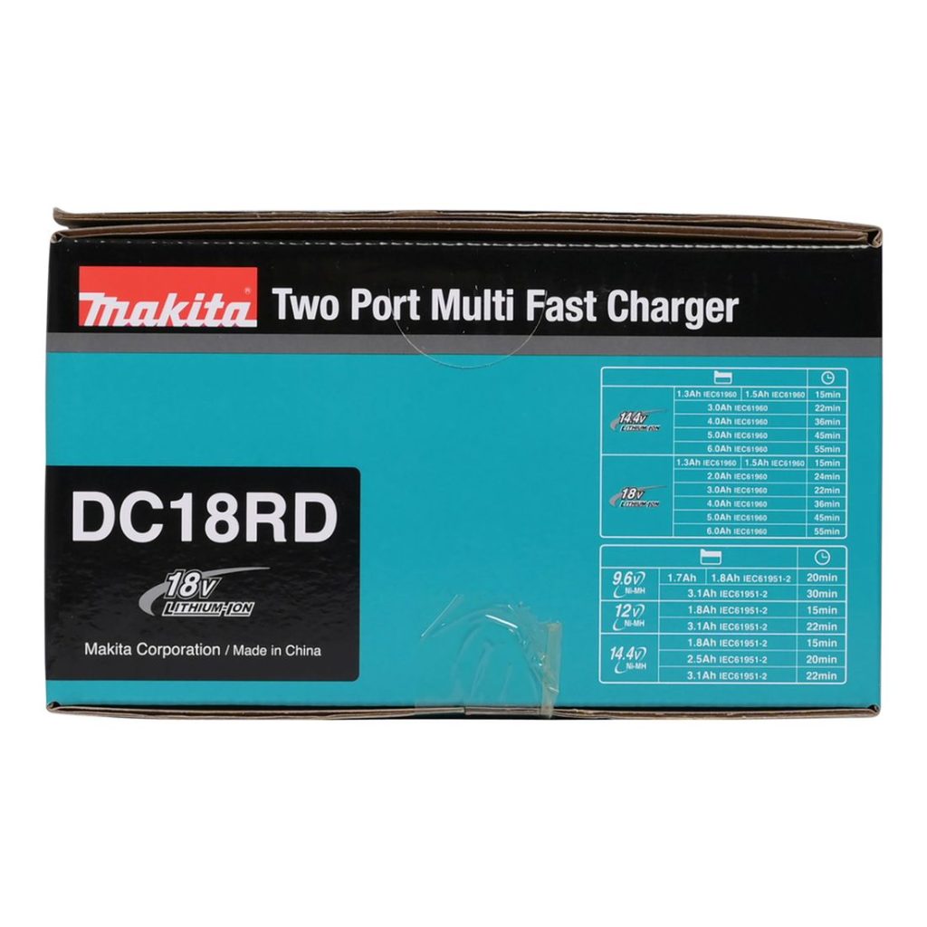 MAKITA Latauslaite DC18RD LXT. Kuvassa latauslaitteen tuotepakkaus sivustapäin.