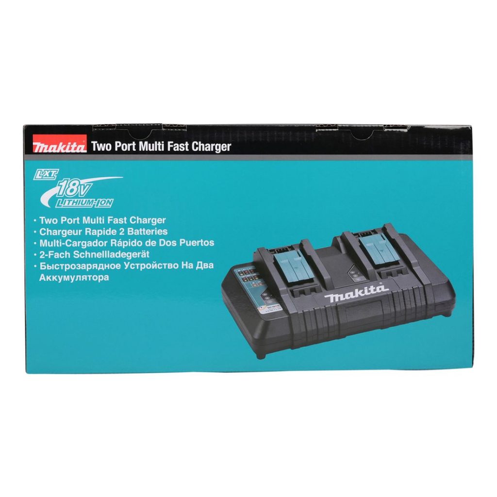 MAKITA Latauslaite DC18RD LXT. Kuvassa latauslaitteen tuotepakkaus ylhäältäpäin.