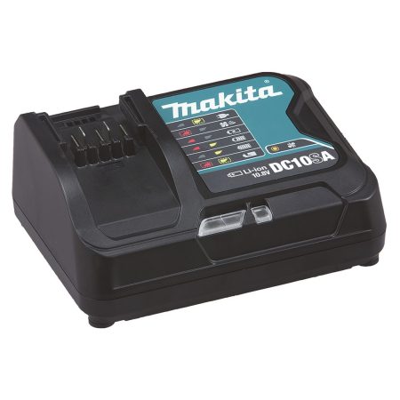 MAKITA Latauslaite DC10SA CXT. Kuvassa latauslaite vasemmalta etuviistosta.